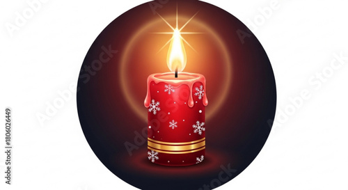 A festive red candle with a golden ring and snowflake decorations, glowing warmly against a dark background, creating a cozy and inviting atmosphere isolated on