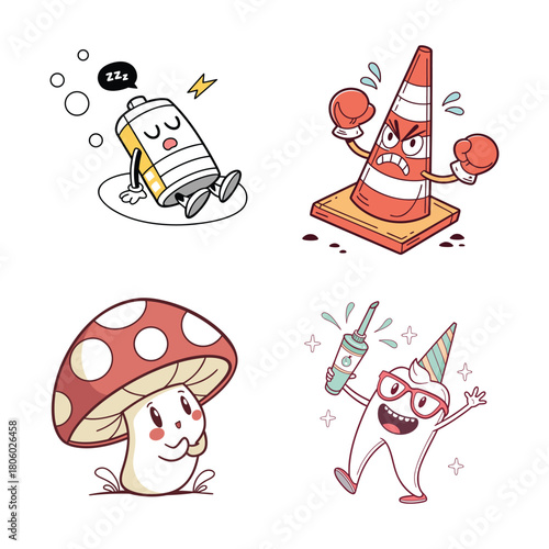 Cute cartoon characters battery mushroom traffic cone and tooth sleeping energy