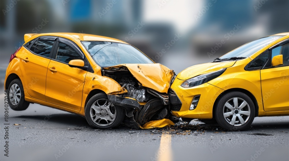 Fototapeta premium Two yellow cars are involved in a head-on collision on a busy city street. The damaged vehicles display visible signs of impact, with bent frames and shattered glass.