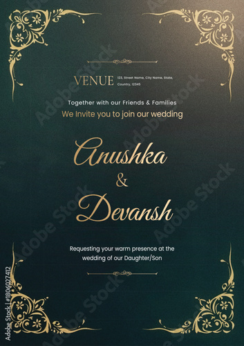 Elegant green wedding invitation with gold embellishments