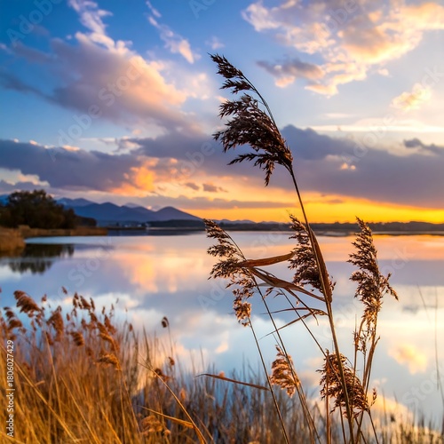 Lakeside sunset features reflective water, reeds, and colorful clouds. Mountain range in distance