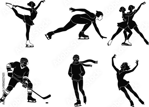 Ice skating silhouettes, figure skaters, speed skating, ice hockey player, winter sports, recreational activity, competition, flat vector