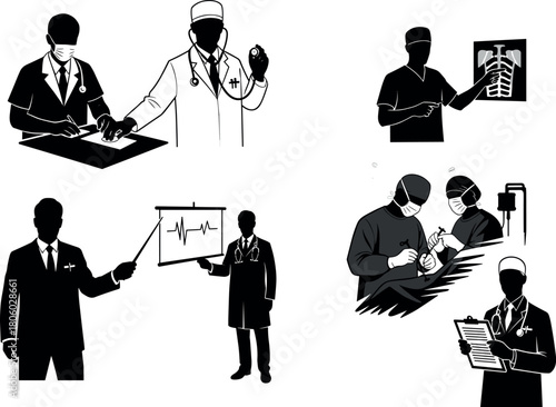 Medical professionals in action, healthcare teamwork, surgery, diagnostics, patient care, hospital staff, clinical expertise, flavector