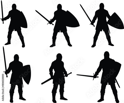 Medieval warriors with swords and shields, armored fighters, battle stances, historical combat flat vector illustration