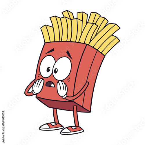 Scared Cartoon French Fries Character With Wide Eyes and Hands Up fast food