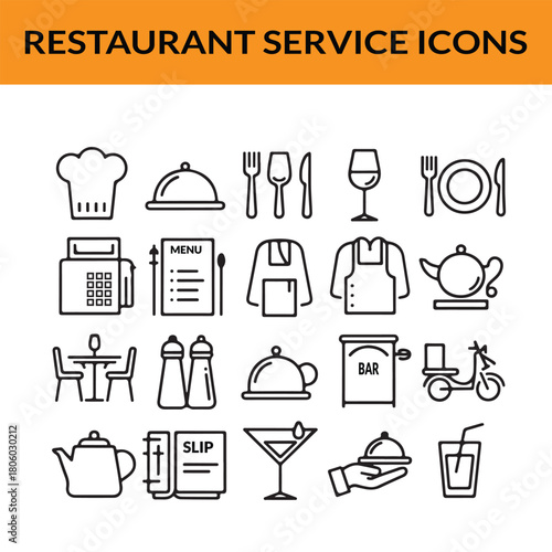 Restaurant Service Icons Collection Food and Drink Line Art Style