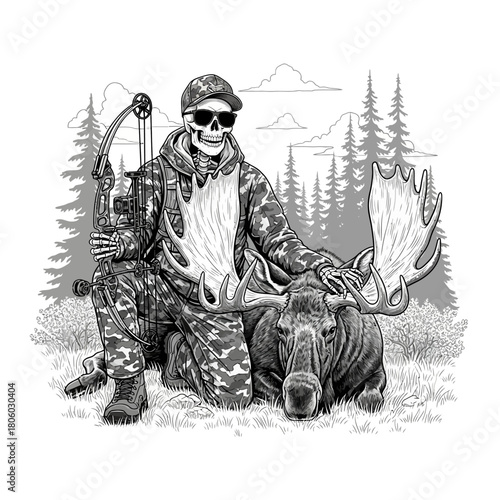 Monochrome drawing of a skeleton bow hunter with sunglasses posing with a huge harvested moose