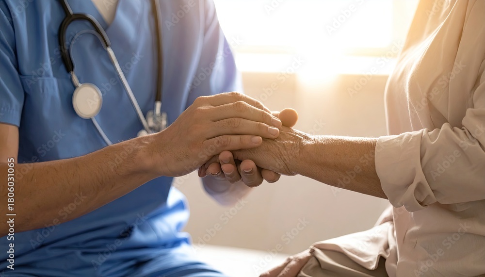 Obraz premium Medical Professional Comforting Patient in Blue Scrubs with Stethoscope Offering Support and Care Holding Hands in Warm Sunlight in Healthcare Setting