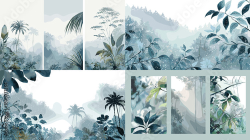 Soft misty tropical jungle landscape with layered foliage, palm trees, and distant hills, illustrated in gentle blue green tones across botanical scenery panels on a white background.