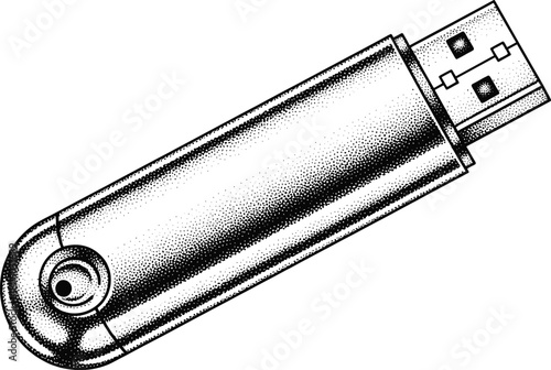 Black and white USB flash drive illustration, stippling texture, cylindrical body, vector sketch for tech accessory, digital storage, device concept