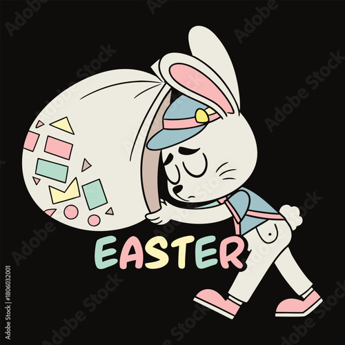Bunny carrying a large bag of Easter eggs on black background rabbit Easter bunny