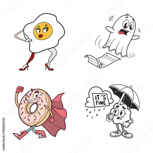Cartoon fried egg ghost donut and sad cloud characters food fashion
