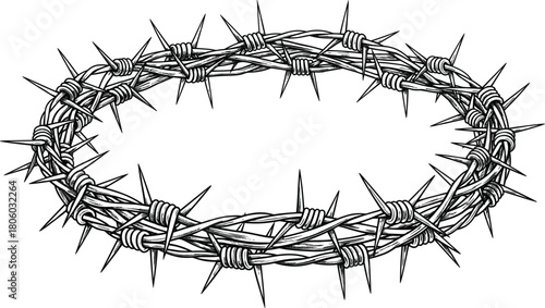 Hand drawn vector illustration of a barbed wire crown of thorns, black and white engraving style sketch, religious symbol of crucifixion and suffering