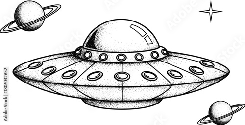 Retro UFO flying saucer illustration, black and white vector, stippling texture, space scene with planets, stars, sci-fi, extraterrestrial concept