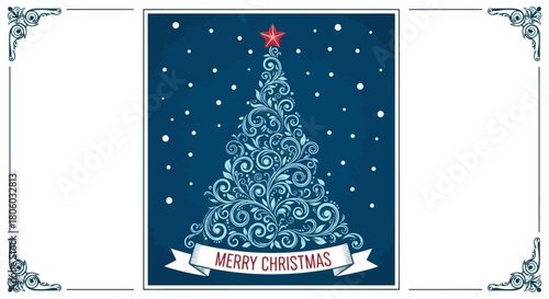 Elegant Christmas Tree Illustration with Star and Merry Christmas Banner in a Snowy Night Scene