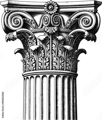 Vector illustration of ancient Corinthian column capital with acanthus leaves, black and white engraving style sketch, vintage architectural design element, classic history