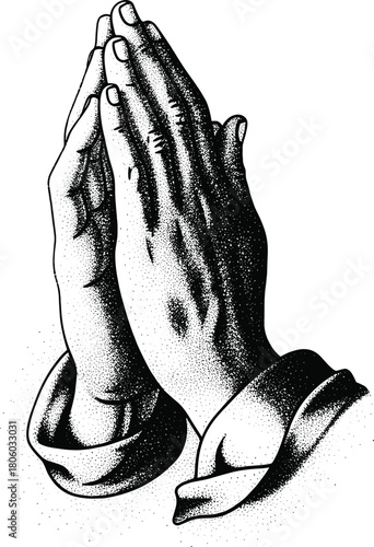 Vector illustration of praying hands in black and white stipple art style, vintage ink dotwork sketch for religion, faith, and spirituality concepts