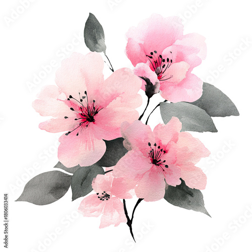 Watercolor-style illustration of delicate pink blossoms with muted gray leaves on black