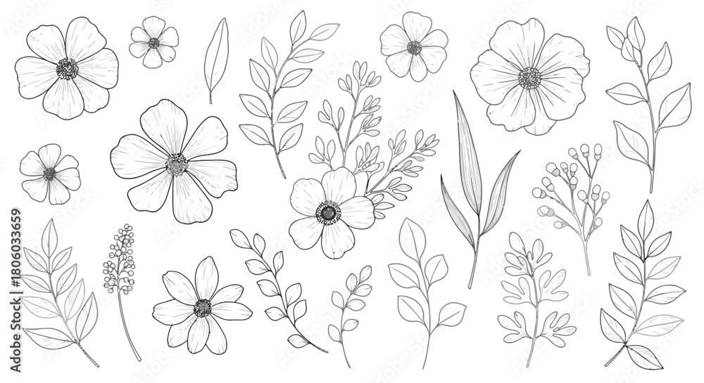 custom made wallpaper toronto digitalElegant Botanical Line Art A Collection of Delicate Flowers, Leaves, and Sprigs for Design