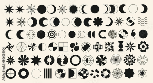 Abstract Celestial Elements and Geometric Shapes for Design and Decoration in Black and White