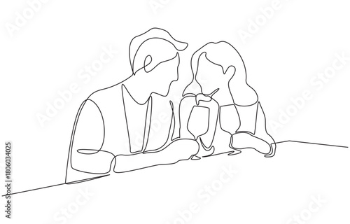 Continuous one line drawing of romantic couple drinking wine while dating, single line art.