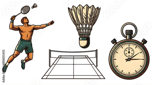 Badminton Game Illustration Set Player, Shuttlecock, Court, and Timer
