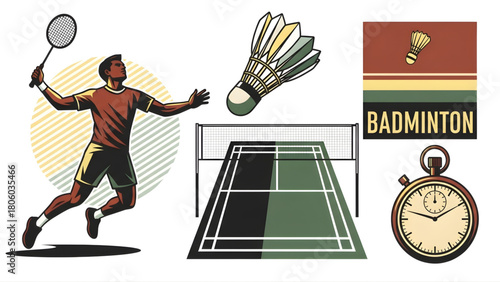 Dynamic badminton player illustration set with court, shuttlecock, emblem, and stopwatch, capturing the essence of the game and athletic competition