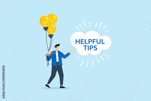 Flat illustration of businessman holding light bulb balloons while pointing helpful tips text symbolizing creative idea innovation knowledge sharing guidance and professional inspiration