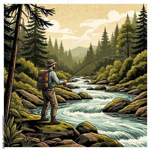 Fly fisherman with backpack standing on a rock casting a line into a beautiful river in the forest