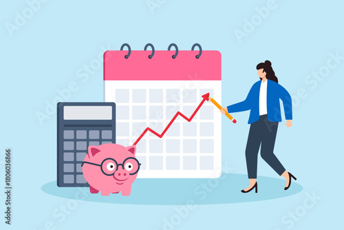 Flat illustration of businesswoman planning financial goals with large calendar piggy bank and calculator symbolizing budgeting strategy savings management and investment growth