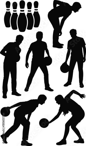 Bowling Silhouettes Set, Sport Players Action Poses, Pins and Ball Vector, Recreation Activity Black Icons