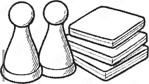 Board game pawns and stack of tiles