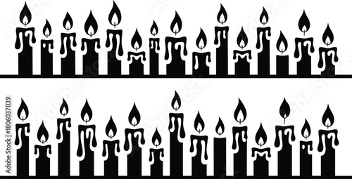 Burning Candle Border, Melting Wax Silhouettes, Black Fire Vector, Halloween Spooky Decoration, Vintage Light Line Illustration