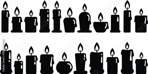 Burning Candle Icons Set, Melting Wax Silhouettes, Black Vector Flame Collection, Spiritual Light Illustration, Decorative Fire Symbols
