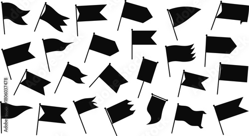 Flag Silhouettes Set, Black Pennant Icons, Banner Vector Collection, Map Markers, Waving Signs, Start Finish Symbols
