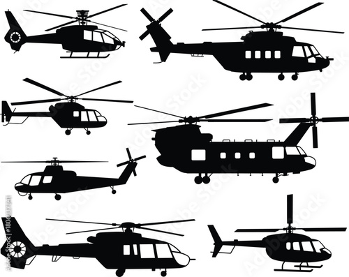 Helicopter silhouette set, black aircraft collection, air transport vector, military and civilian chopper, aviation symbol isolated on white background
