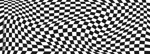 Trippy checkerboard background. Retro psychedelic checkered wallpaper. Wavy groovy chessboard surface. Distorted geometric grid chess pattern. Abstract white and black race flag backdrop. Vector