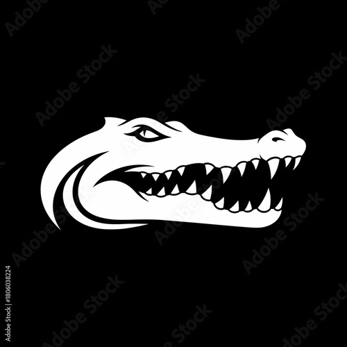 White Alligator Head with Open Mouth on Black Background.