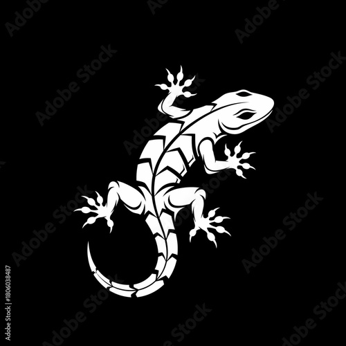 Stylized Lizard Illustration with Intricate Tribal Patterns on Black Background.