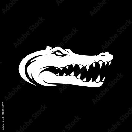 White Alligator Head Silhouette with Sharp Teeth on Black Background.