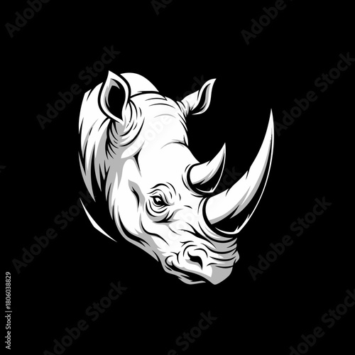 Monochrome Rhino Head Illustration with Detailed Horns and Facial Features.