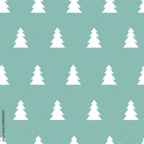 Christmas tree seamless pattern on green color background.