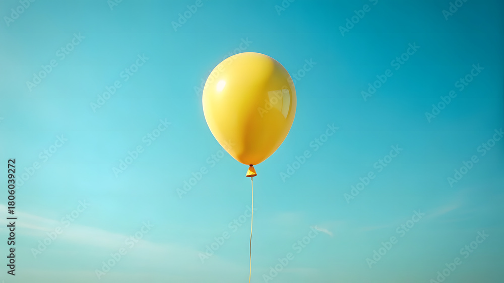 Obraz premium Single yellow balloon suspended in a clear blue sky with wispy clouds floating