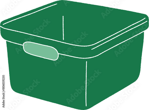 Green plastic tote box with label tab