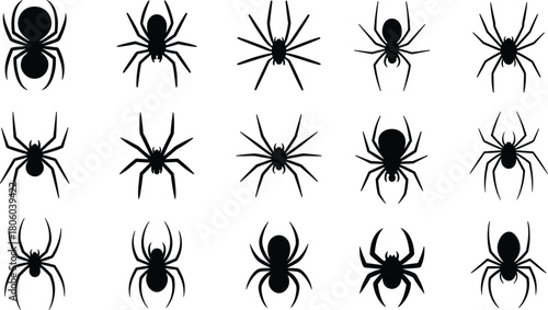 Spider Silhouettes Set, Halloween Arachnid Icons, Black Scary Bugs Vector Collection, Creepy Nature Insect Figures, Venomous Creatures