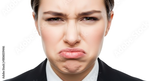 A close-up portrait of a young businesswoman with a strong expression of disgust, wrinkling her nose and frowning against a white background.