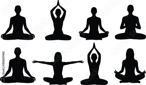 Silhouette yoga poses collection showing meditation, mindfulness, relaxation, flexibility, wellness, calm posture variations for fitness, spiritual practice, harmony, balance, peace