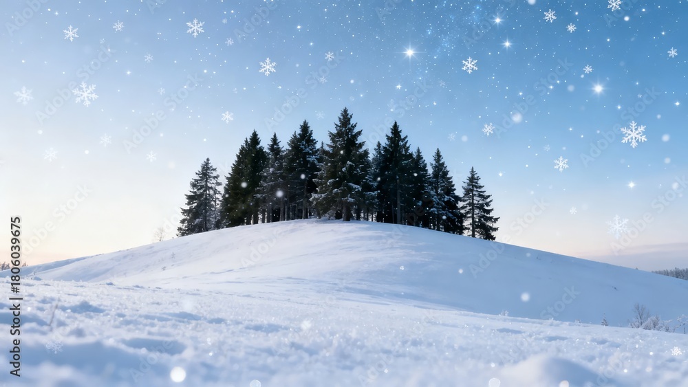 Obraz premium A serene winter landscape featuring a snow-covered hill with evergreen trees under a starry sky with falling snowflakes.