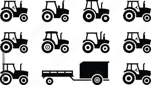 Tractor icons set, black farm machinery silhouettes, agriculture vehicle collection, heavy equipment with trailer, isolated vector illustration for harvesting work