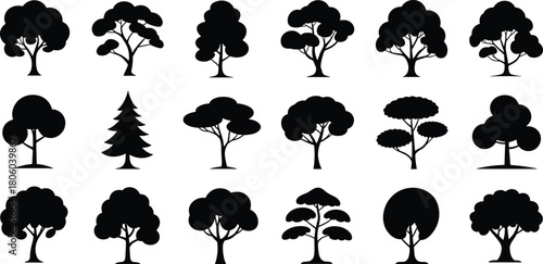 Tree Silhouettes Set, Forest Nature Icons, Black Wood Vector, Pine Oak Cedar Collection, Garden Plant Illustration